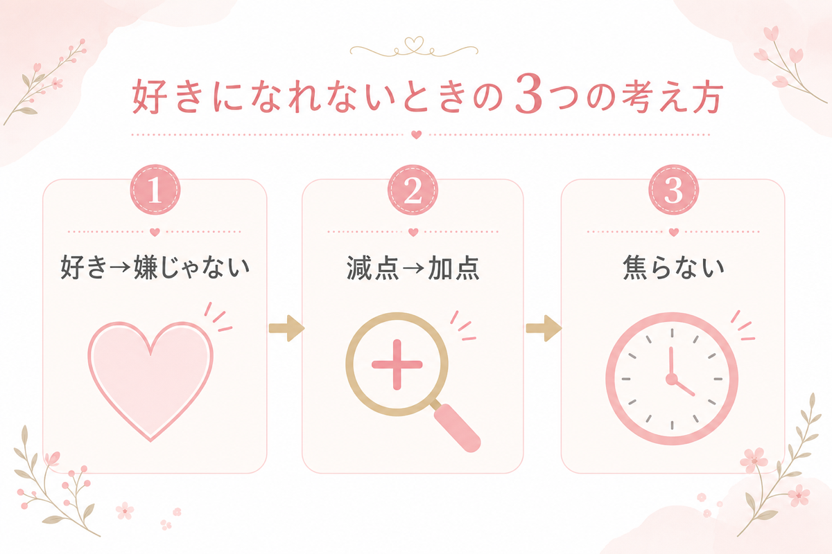 好きになれないときの3つの考え方の図解