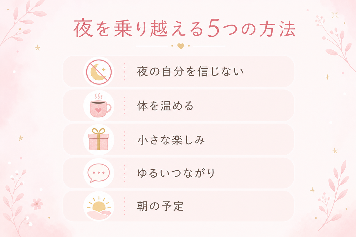 夜を乗り越える5つの方法の図解