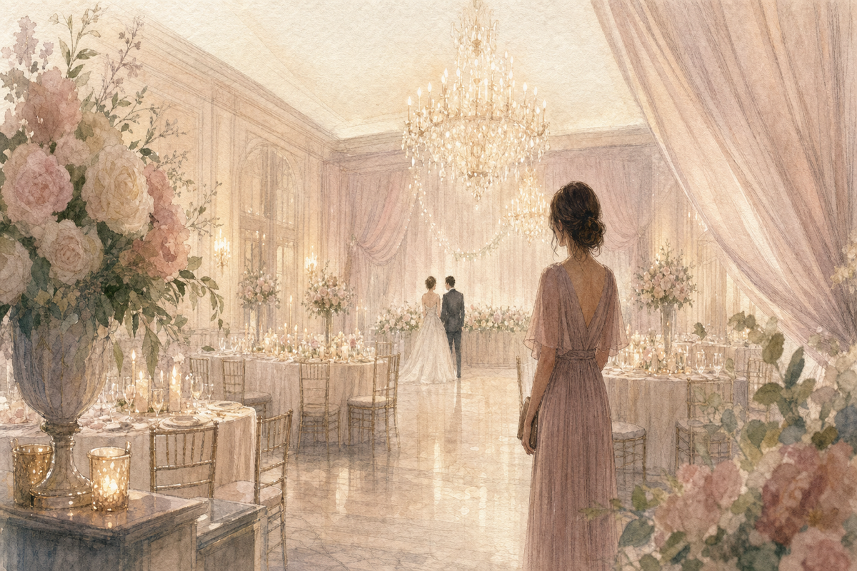 友人の結婚式で複雑な気持ちでたたずむ女性