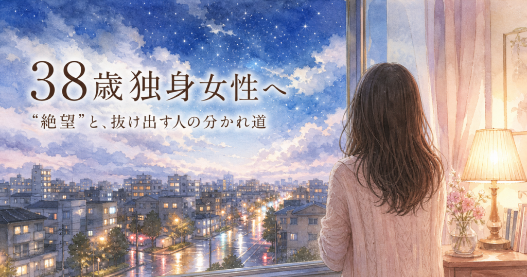 38歳独身女性へ 雨上がりの夜の窓辺のイラスト