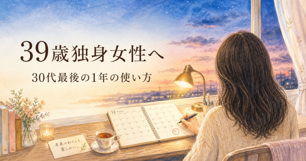 39歳独身女性へ 夕暮れの机でカレンダーに印をつける女性のイラスト
