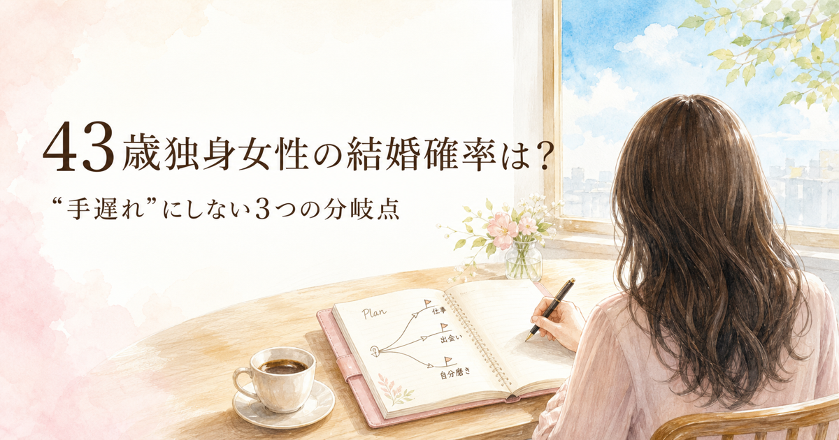 43歳独身女性の結婚確率 手帳に分岐点を書く女性のイラスト