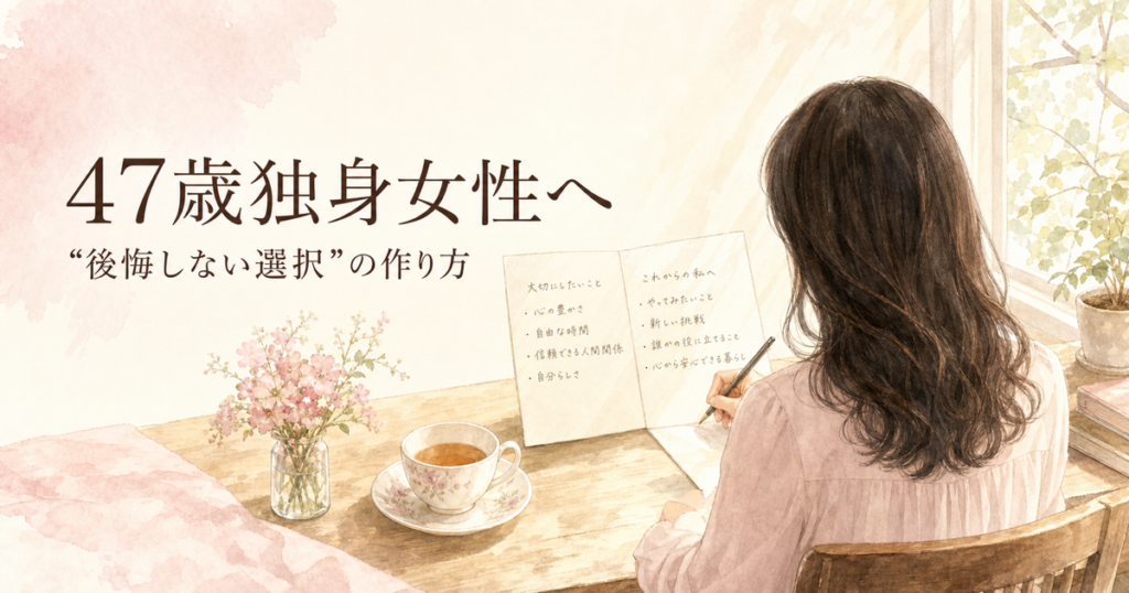 47歳独身女性へ 後悔しない選択をノートに書く女性のイラスト