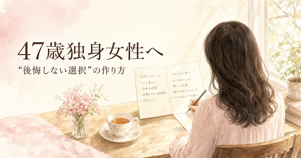 47歳独身女性へ 後悔しない選択をノートに書く女性のイラスト