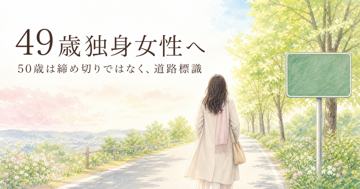 49歳独身女性へ 道路標識のある並木道を歩く女性のイラスト