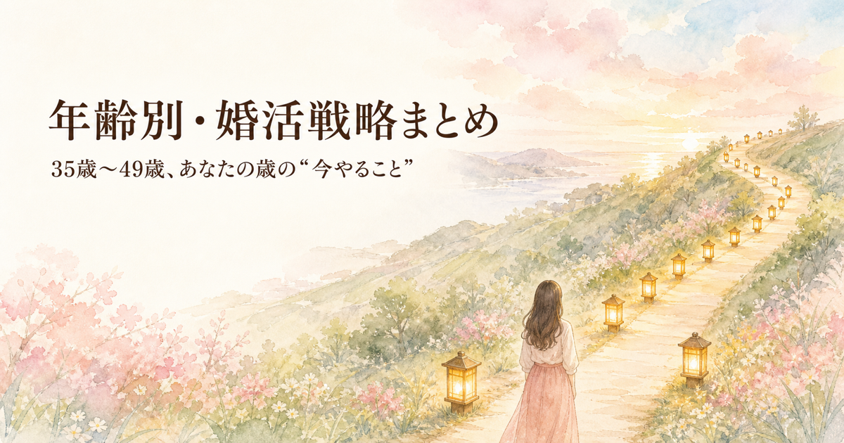 年齢別婚活戦略まとめ 15のランタンが並ぶ道のイラスト