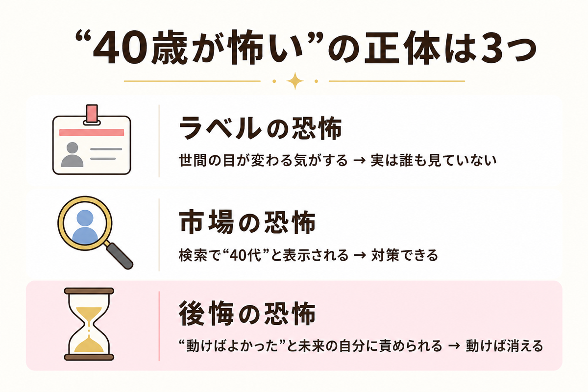 40歳が怖いの正体は3つ ラベル・市場・後悔の恐怖の図解