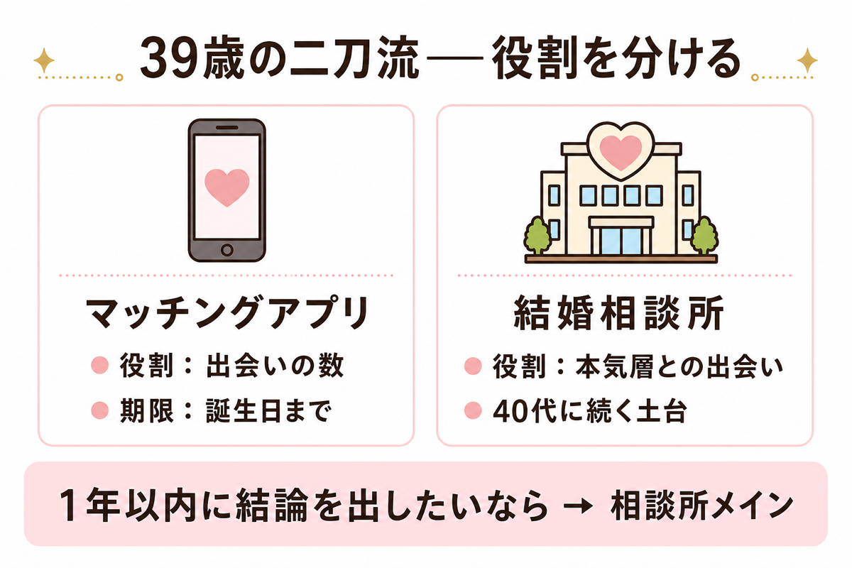 39歳の二刀流 マッチングアプリと結婚相談所の役割分担の図解