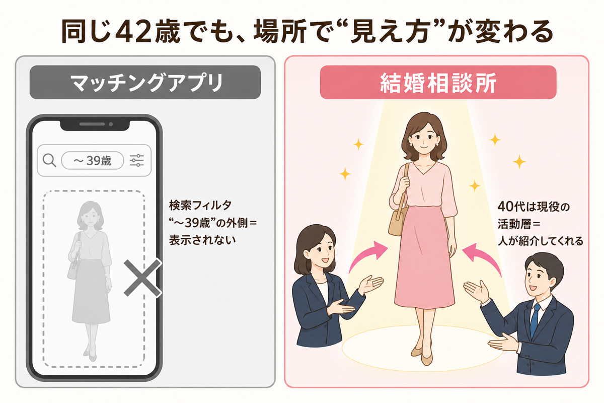 同じ42歳でも場所で見え方が変わる アプリと結婚相談所の対比図解