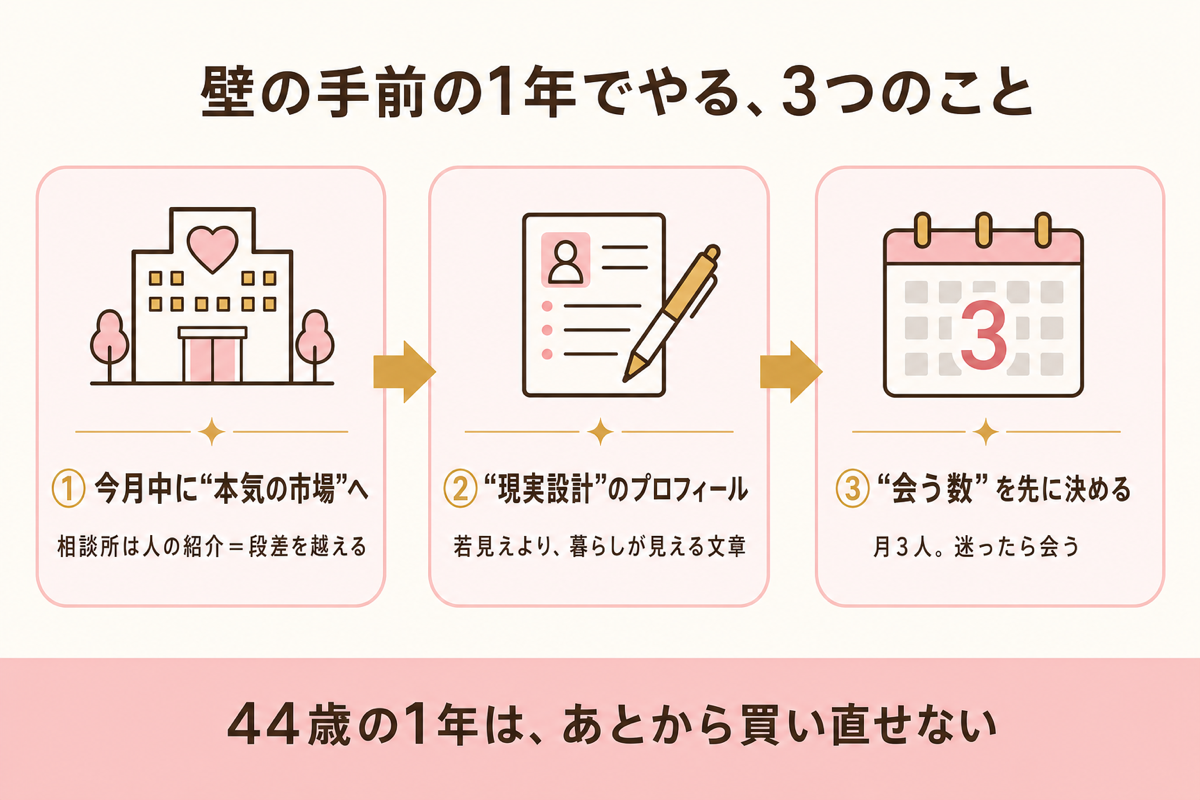 壁の手前の1年でやる3つのことのステップ図解