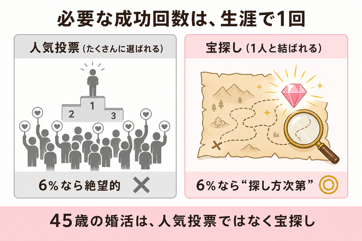 必要な成功回数は生涯で1回 人気投票ではなく宝探しの図解
