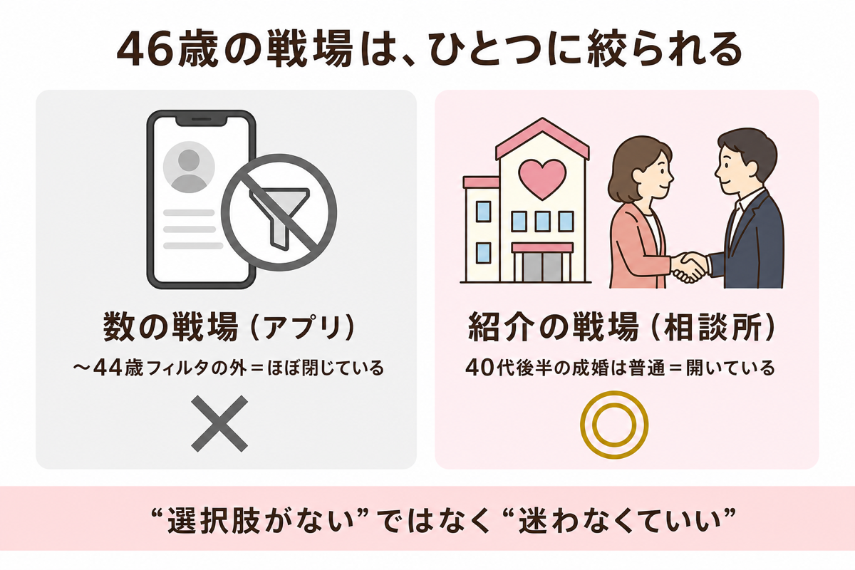 46歳の戦場はひとつに絞られる アプリと相談所の対比図解