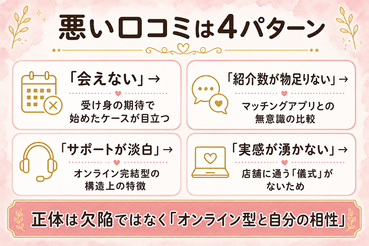 エン婚活の悪い口コミ4パターンの図解：会えない・紹介数が物足りない・サポートが淡白・実感が湧かない。正体はオンライン型と自分の相性