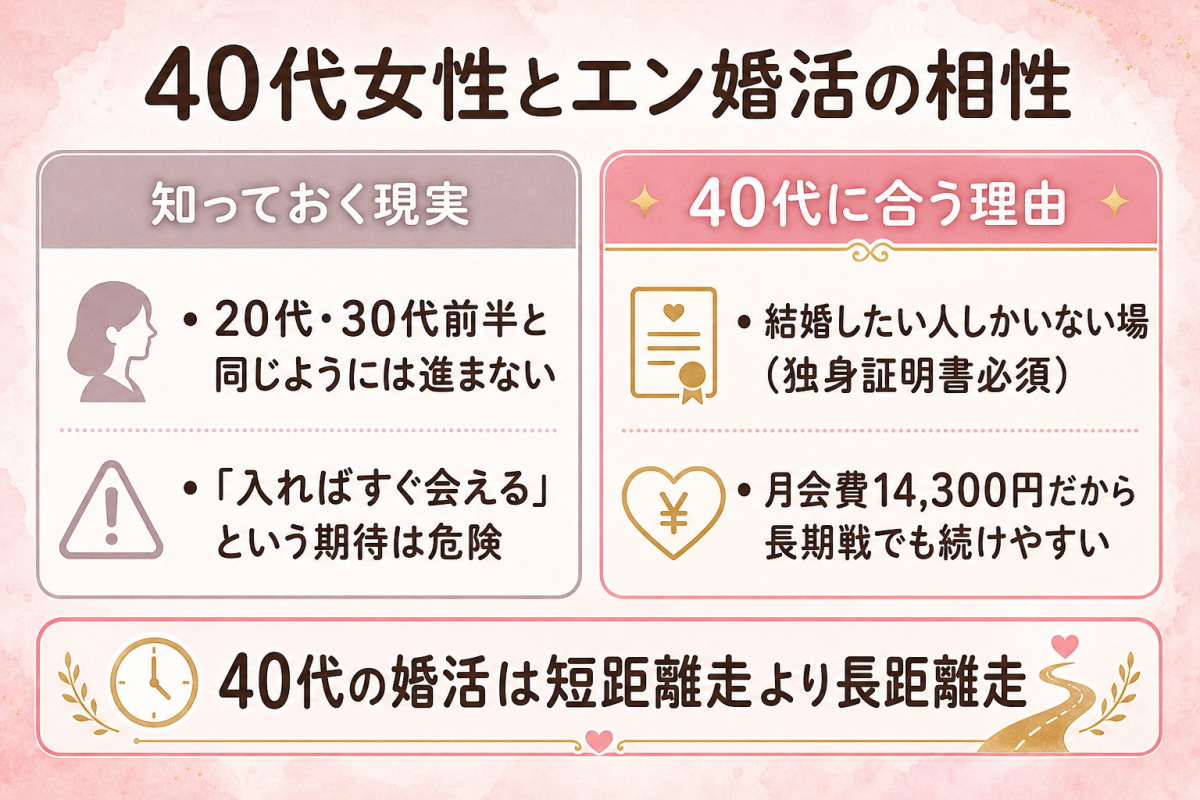 40代女性とエン婚活の相性の図解：すぐ会える期待は危険という現実と、結婚したい人だけの場・月会費14,300円で長期戦に強いという良い相性