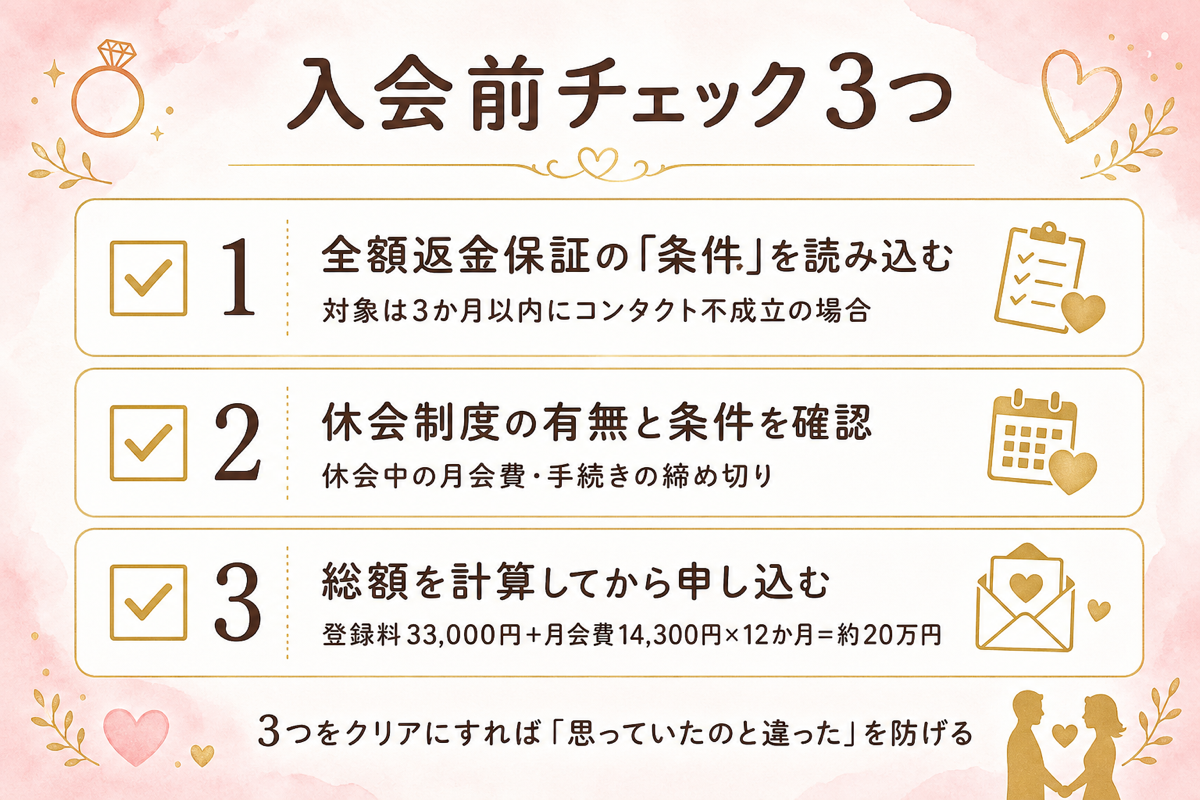 エン婚活の入会前チェック3つの図解：全額返金保証の条件・休会制度の条件・総額約20万円（登録料33,000円＋月会費14,300円×12か月）の確認