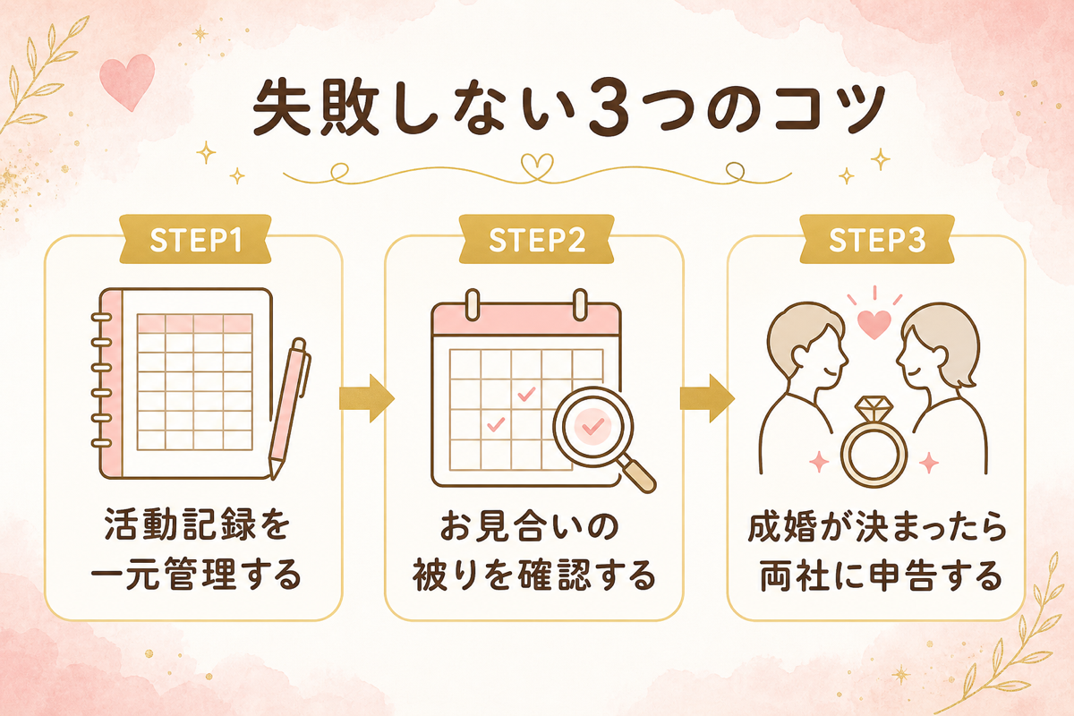 結婚相談所の掛け持ちで失敗しないための3つのコツの3ステップ図解