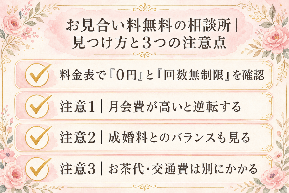 お見合い料無料の相談所の見つけ方と3つの注意点チェックリストの図解