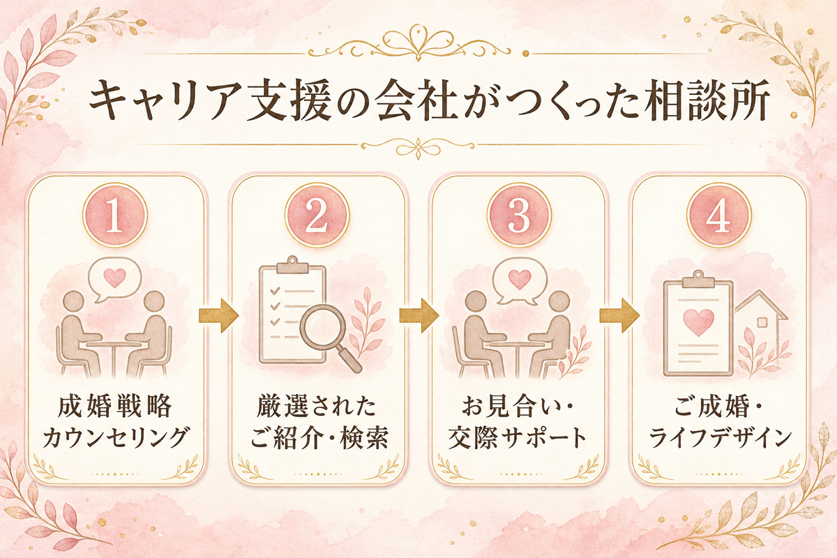 キャリア支援の会社がつくった相談所の図解：成婚戦略カウンセリング→厳選されたご紹介・検索→お見合い・交際サポート→ご成婚・ライフデザインの4ステップ