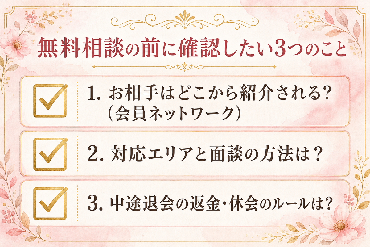 無料相談の前に確認したい3つのことのチェックリスト図解：お相手の紹介元（会員ネットワーク）・対応エリアと面談方法・中途退会の返金と休会のルール