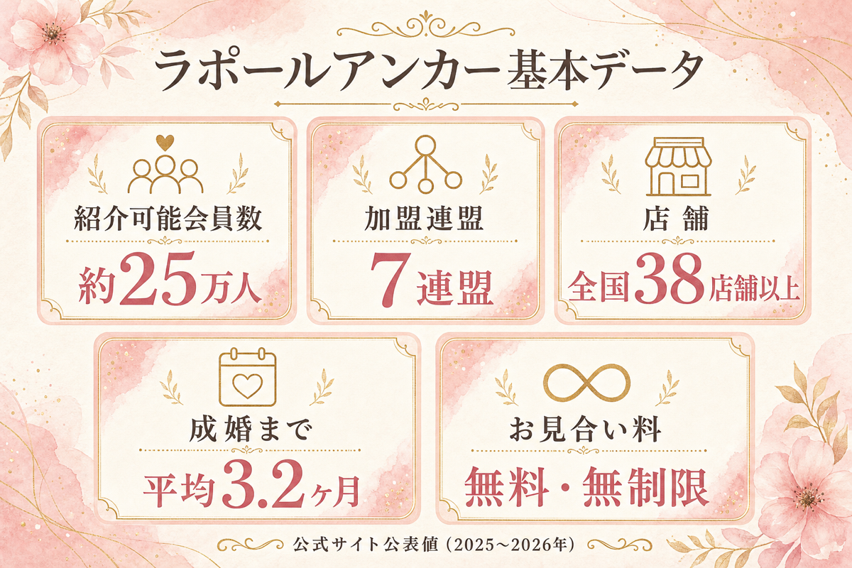 ラポールアンカーの基本データ（会員数約25万人・7連盟・全国38店舗以上）