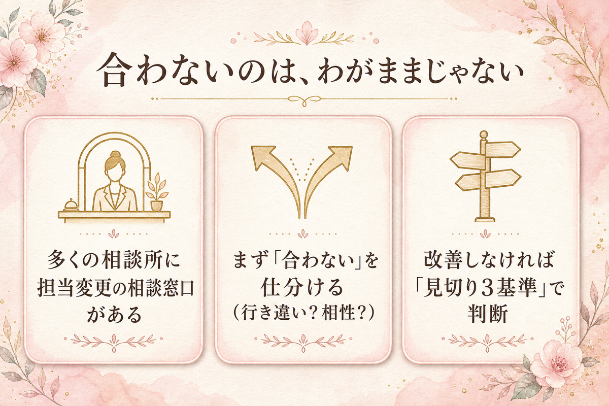 合わないのはわがままじゃない（相談窓口・仕分け・見切り3基準）の図解
