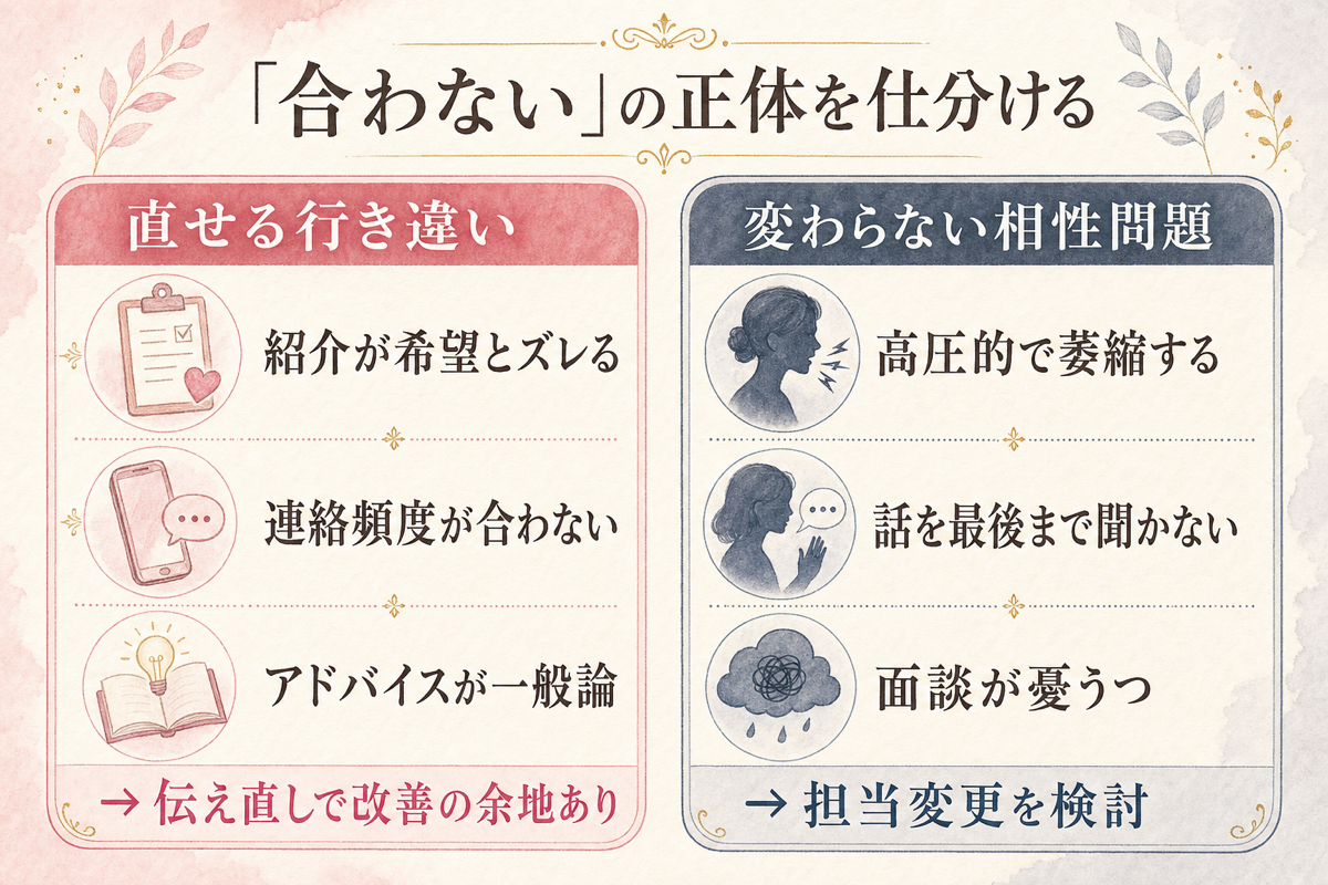 「合わない」の正体を仕分ける（直せる行き違いと変わらない相性問題）の図解