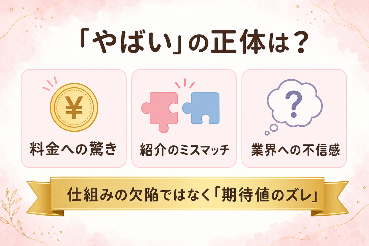 「やばい」の正体は料金への驚き・紹介のミスマッチ・業界への不信感の3つで、仕組みの欠陥ではなく期待値のズレであることを示す図解