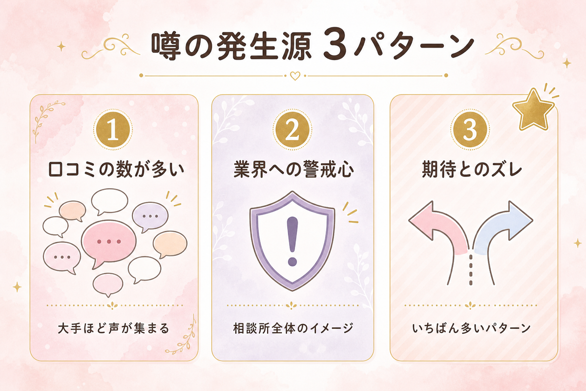 「ツヴァイ やばい」という噂の発生源3パターン（口コミの数が多い・業界への警戒心・期待とのズレ）を整理した図解