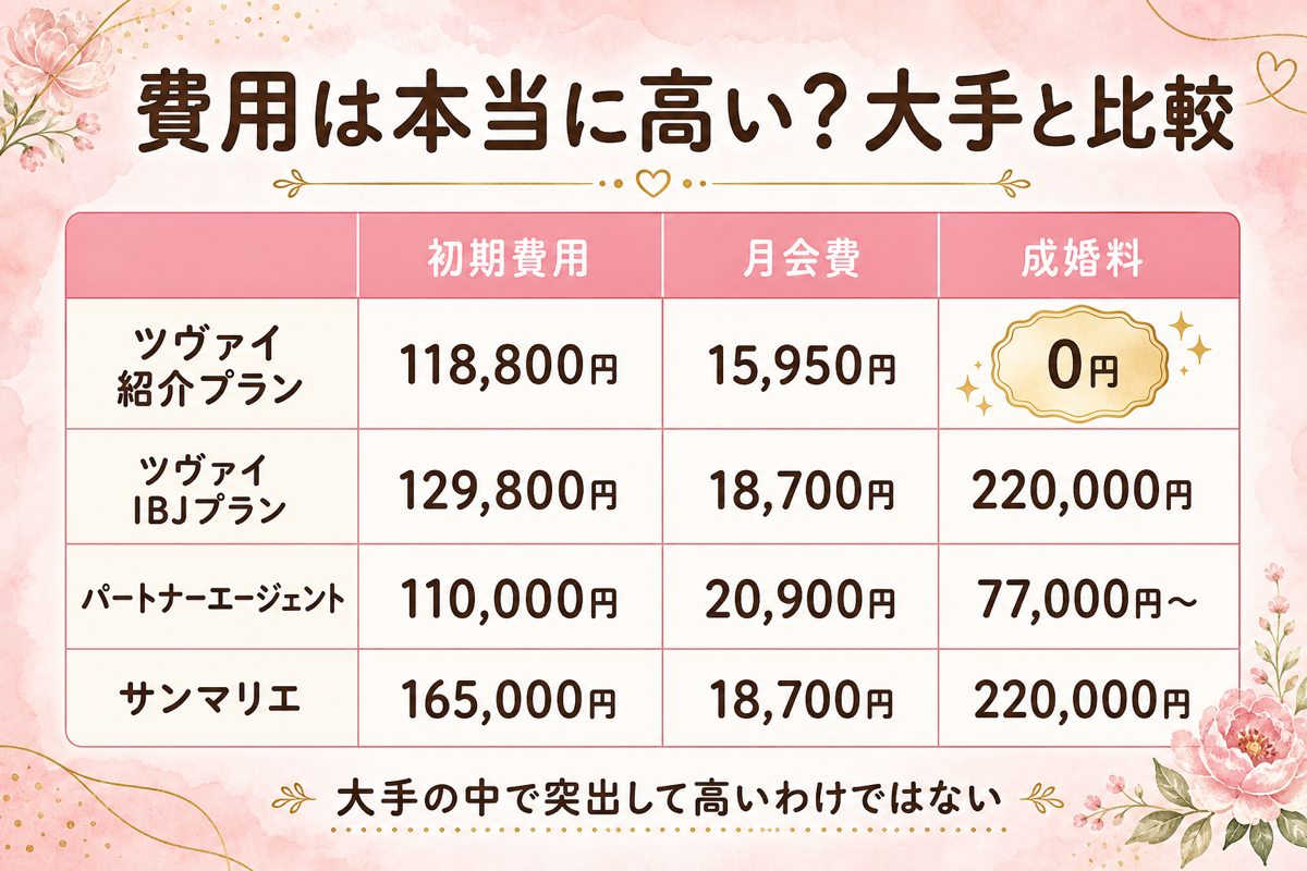 ツヴァイと大手結婚相談所（パートナーエージェント・サンマリエ）の初期費用・月会費・成婚料の比較表
