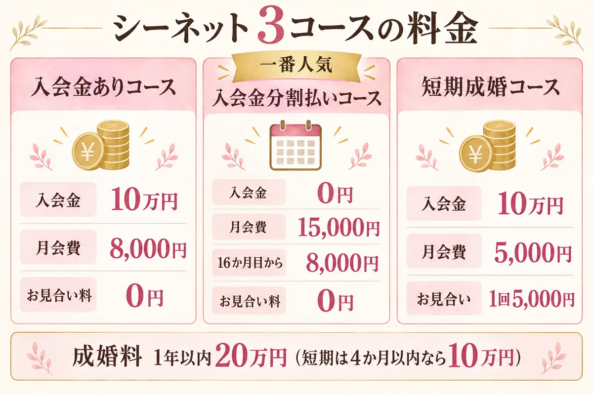 シーネット結婚相談所の3コースの料金比較(入会金あり・入会金分割払い・短期成婚)