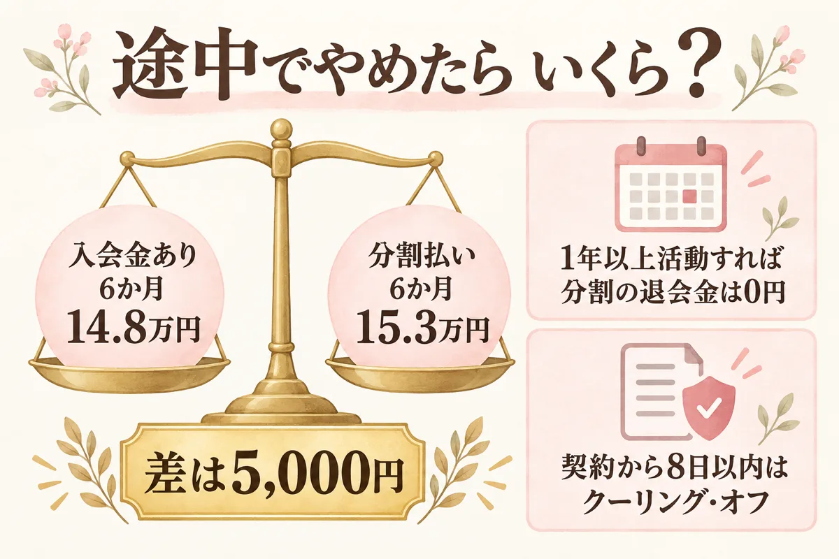 シーネット結婚相談所を途中でやめた場合の総額(6か月で入会金あり14.8万円・分割払い15.3万円)