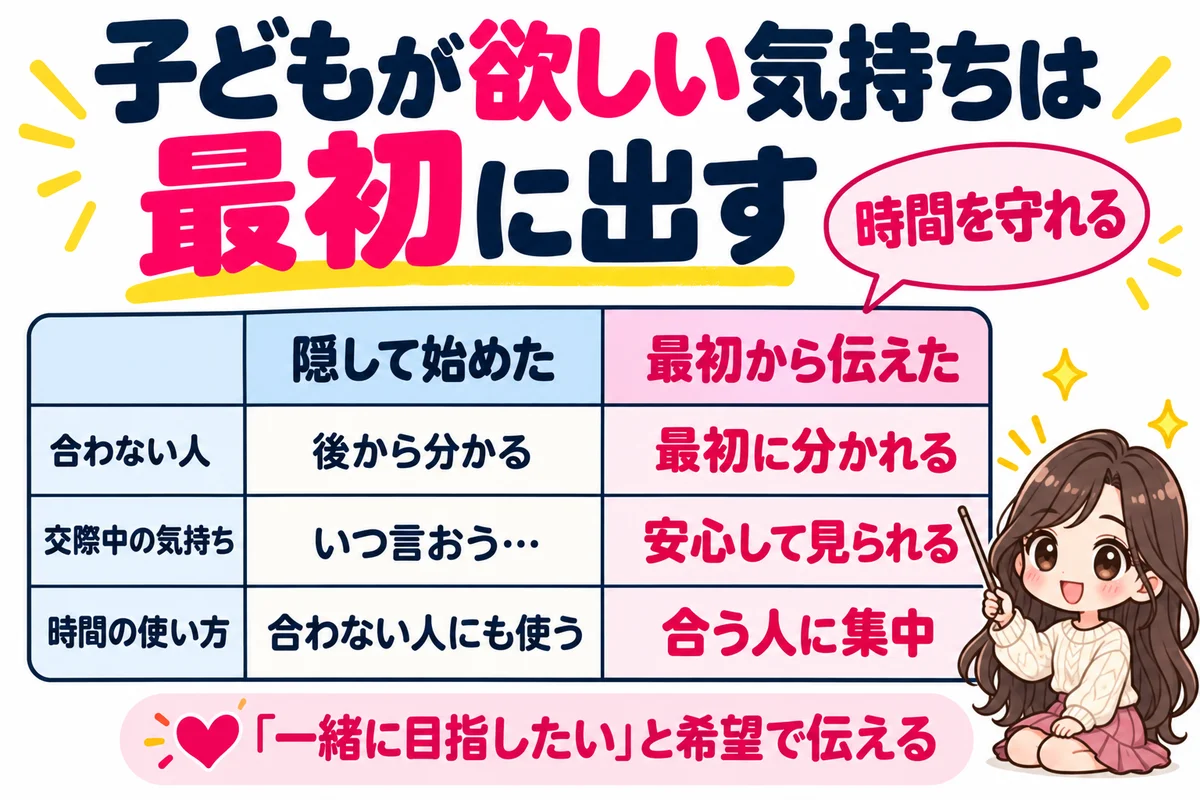 子どもが欲しい気持ちを隠して始めた場合と最初から伝えた場合を比べ、最初に伝えると合わない人と早く分かれて希望が合う人に集中できることを2列の表で示した図