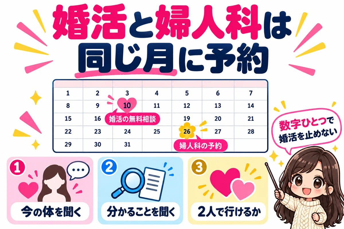 婚活の無料相談と婦人科の予約を同じ月のカレンダーに入れ、今の体を聞く、検査で分かることを聞く、相手と2人で相談に行けるかを確かめる3つをカードで示した図