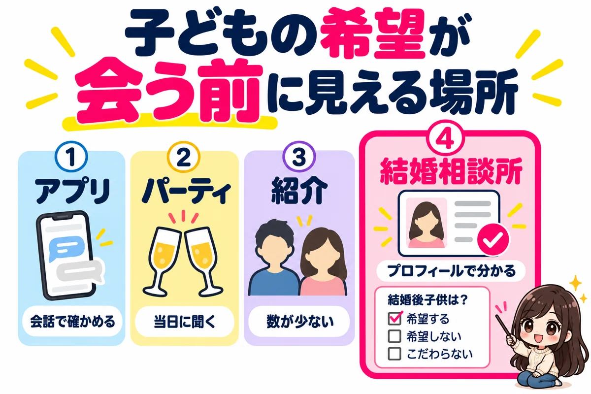 子どもを望む40代の出会い方として、アプリ・婚活パーティ・紹介・結婚相談所を比べ、結婚相談所ではプロフィールの「結婚後子供は?」の欄で会う前に子どもの希望が分かる所があることを示した図