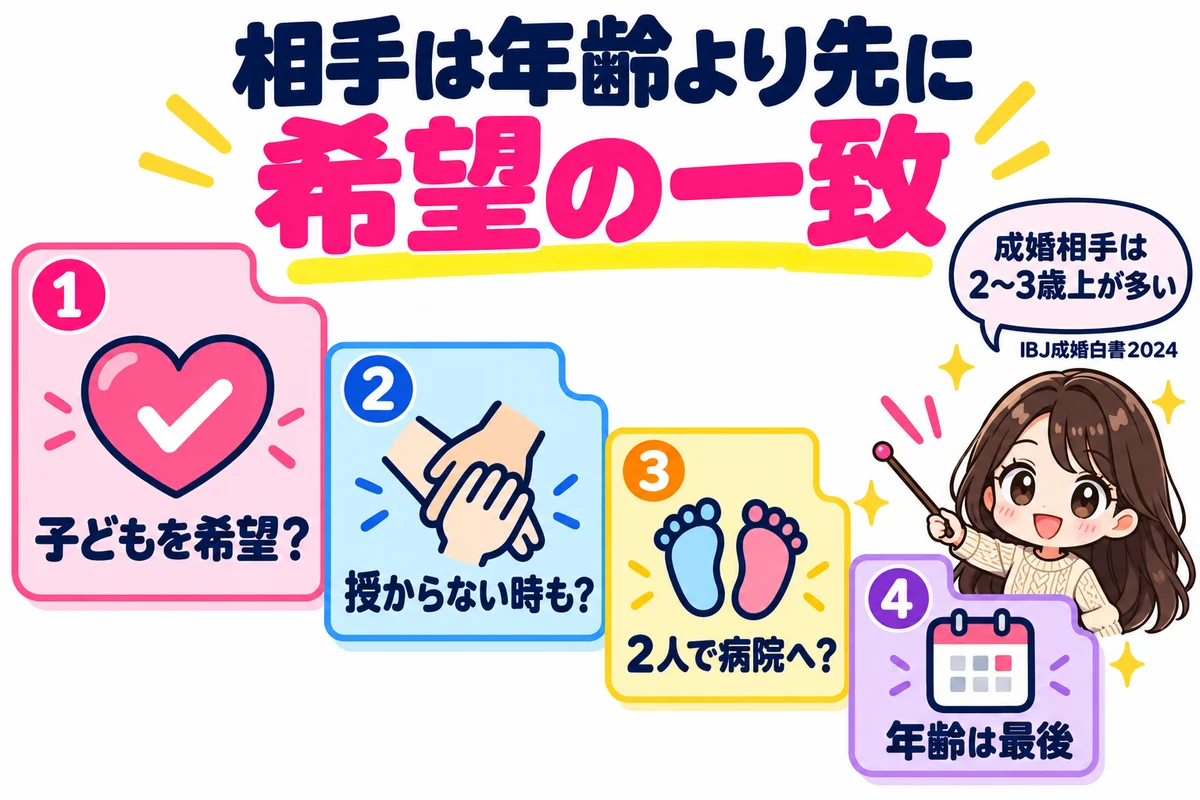 子どもを望む婚活の相手選びを、子どもを希望しているか、授からないときも考えられるか、2人で病院に行けるか、年齢は最後という4段の順番で示し、成婚した女性の相手は2〜3歳上が多いことを添えた図