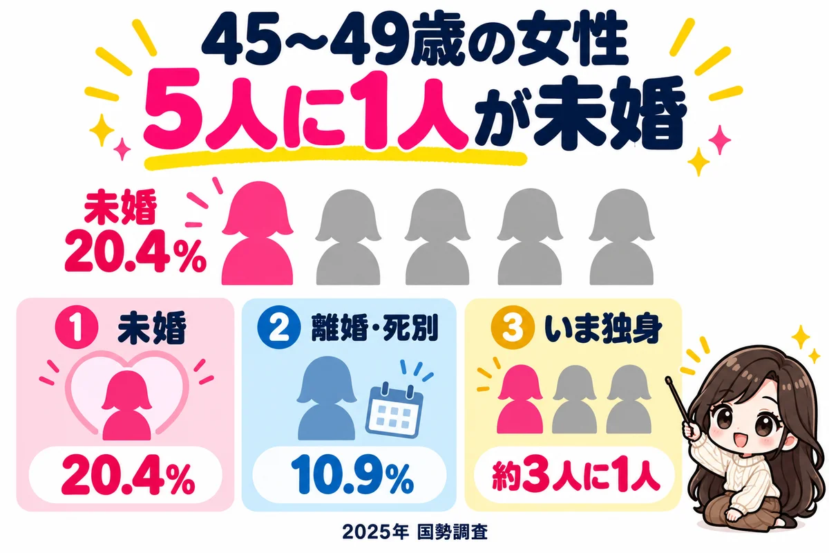 2025年の国勢調査で45〜49歳の女性の未婚は20.4%で5人に1人、離婚・死別を含めた独身は約3人に1人だと人型アイコンとカードで示した図