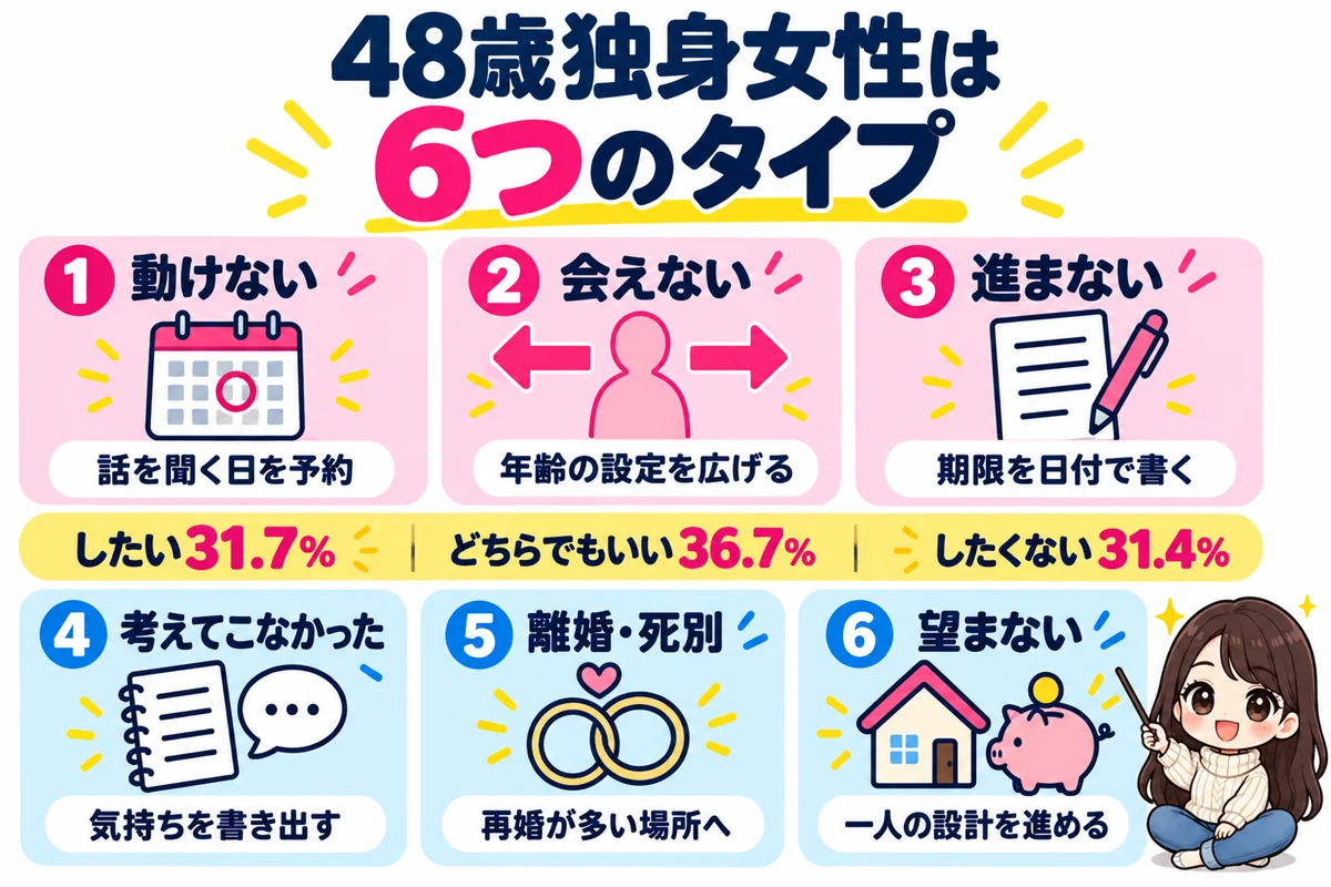 48歳の独身女性を、動けない・会えない・進まない・考えてこなかった・離婚や死別・望まないの6つのタイプに分け、それぞれの今日の一歩を6枚のカードで示した図
