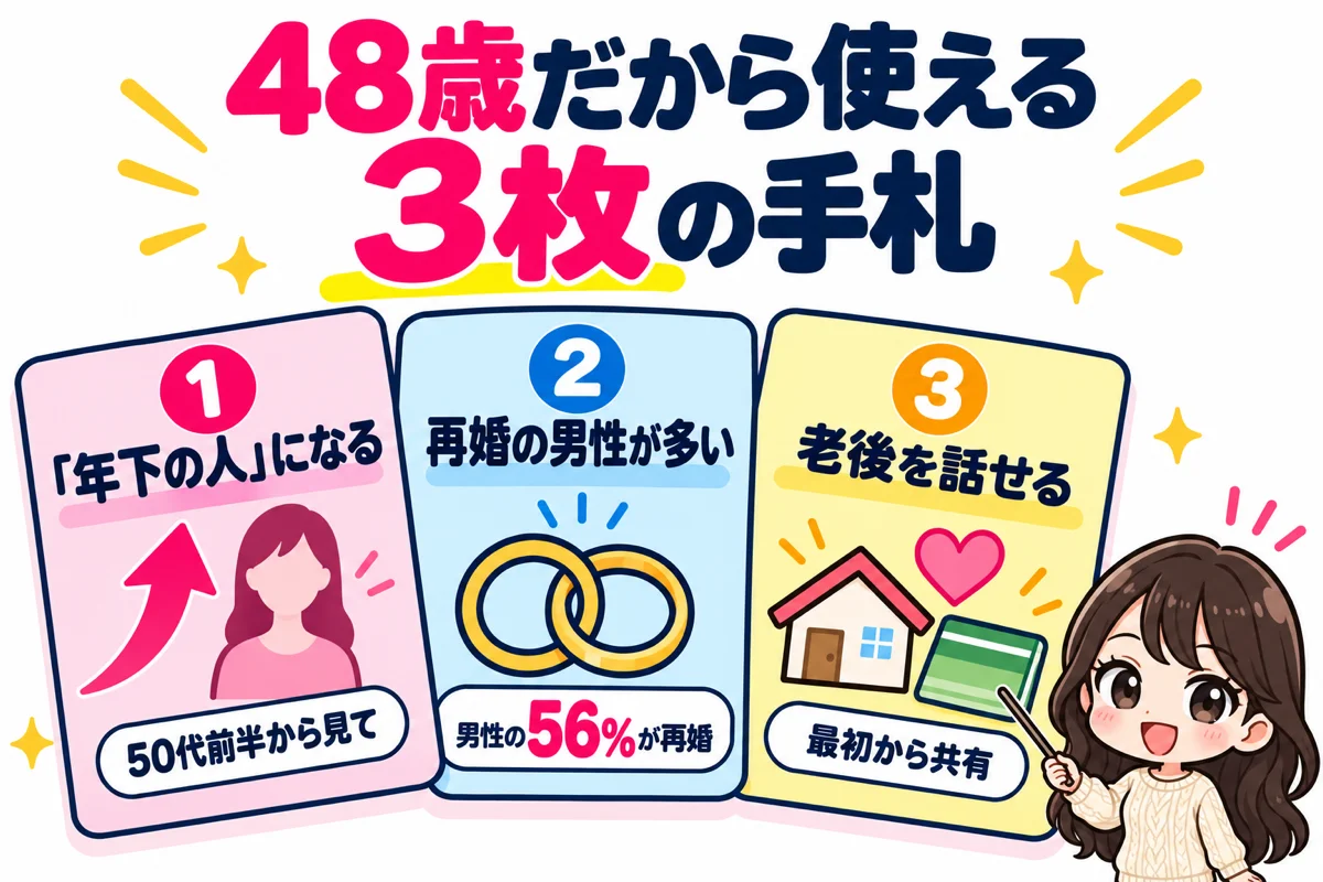 48歳の婚活で使える強みを、50代前半の男性から見れば年下の人、再婚の男性が多い年代、老後の話を最初から共有できるの3枚の手札で示した図