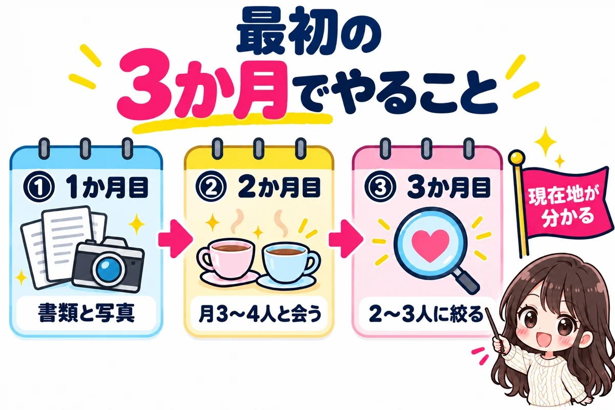 48歳の婚活の最初の3か月を、1か月目に書類と写真、2か月目に月3〜4人と会う、3か月目に2〜3人に絞るという3枚のカレンダーで示した図