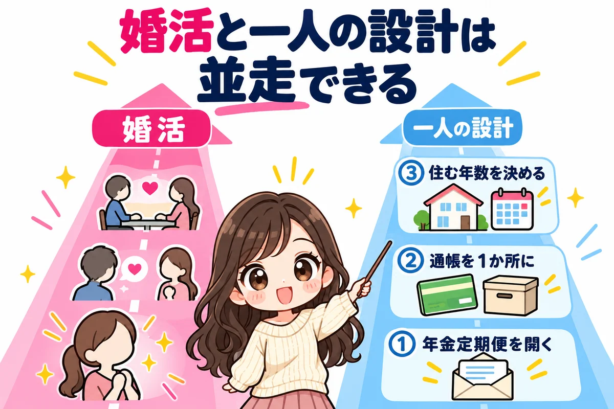 婚活と一人の設計は並走できることを2本の道で表し、年金定期便を開く、通帳を1か所に集める、今の住まいに住む年数を決めるの3つを示した図