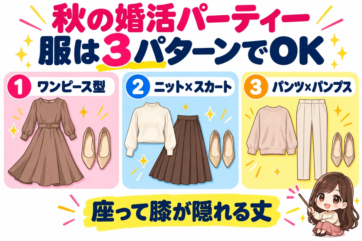 秋の婚活パーティーの服装3パターンを、ワンピース型・ニット×スカート・パンツ×パンプスの服アイコンで並べた図