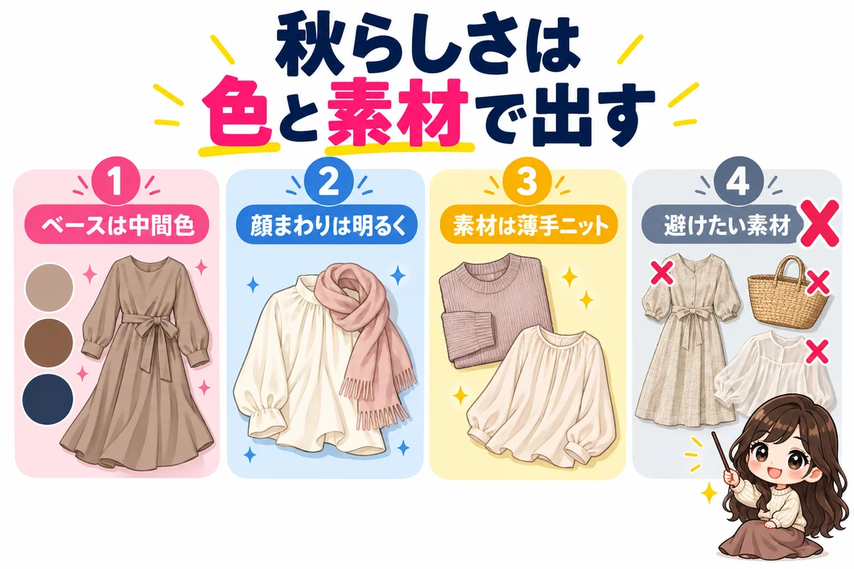 秋の婚活の服装の色と素材を、中間色のベース・顔まわりの明るい色・薄手ニット・避けたい素材の4枚のカードで示した図