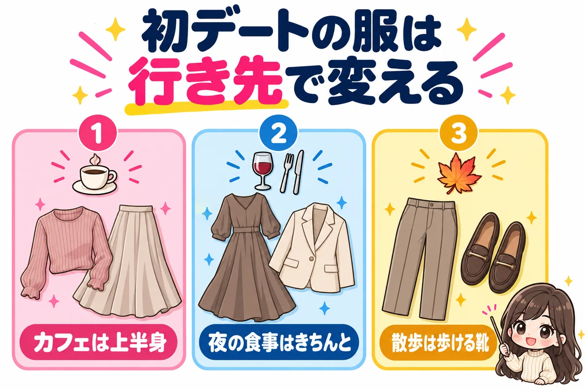秋の婚活デートの服装を、カフェ・夜の食事・散歩の3つの行き先と、それぞれに合う服のアイコンで分けた図