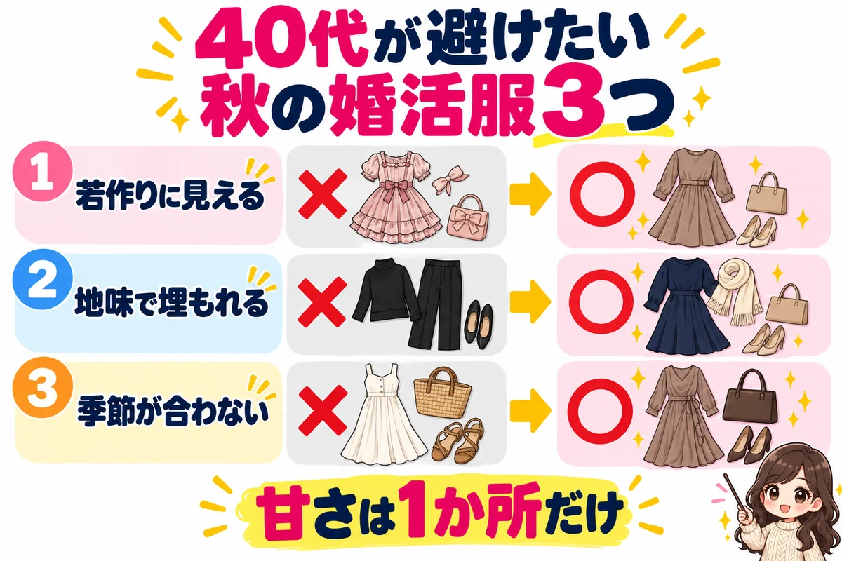 40代が避けたい秋の婚活の服装を、若作り・地味すぎ・季節外れの3つの×と、かわりに選ぶ服の◯で並べた図
