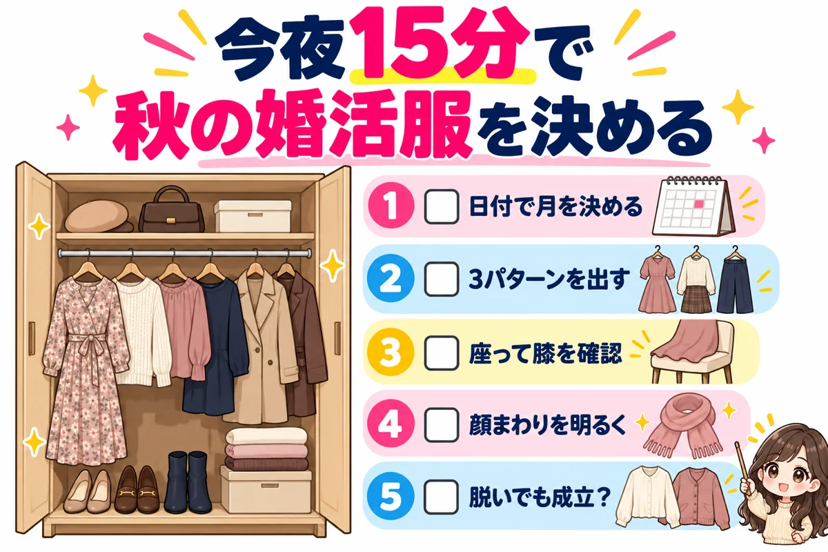 秋の婚活服をクローゼットから選ぶ5つの手順を、カレンダー・ハンガー・椅子・スカーフ・羽織りのアイコンで示したチェックリストの図