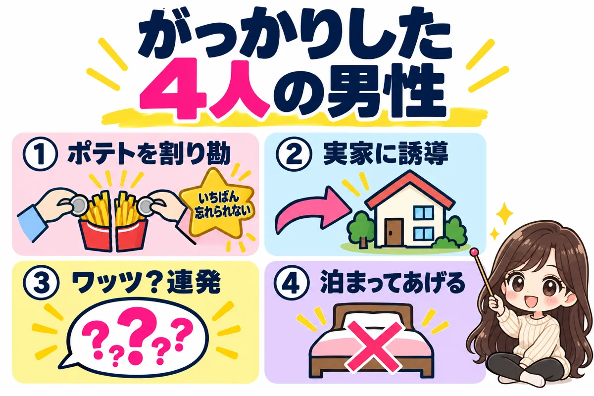 婚活で出会ったがっかりな男性4人を、ポテトを割り勘、実家に誘導、ワッツ連発、泊まってあげるの4枚のカードで示した図