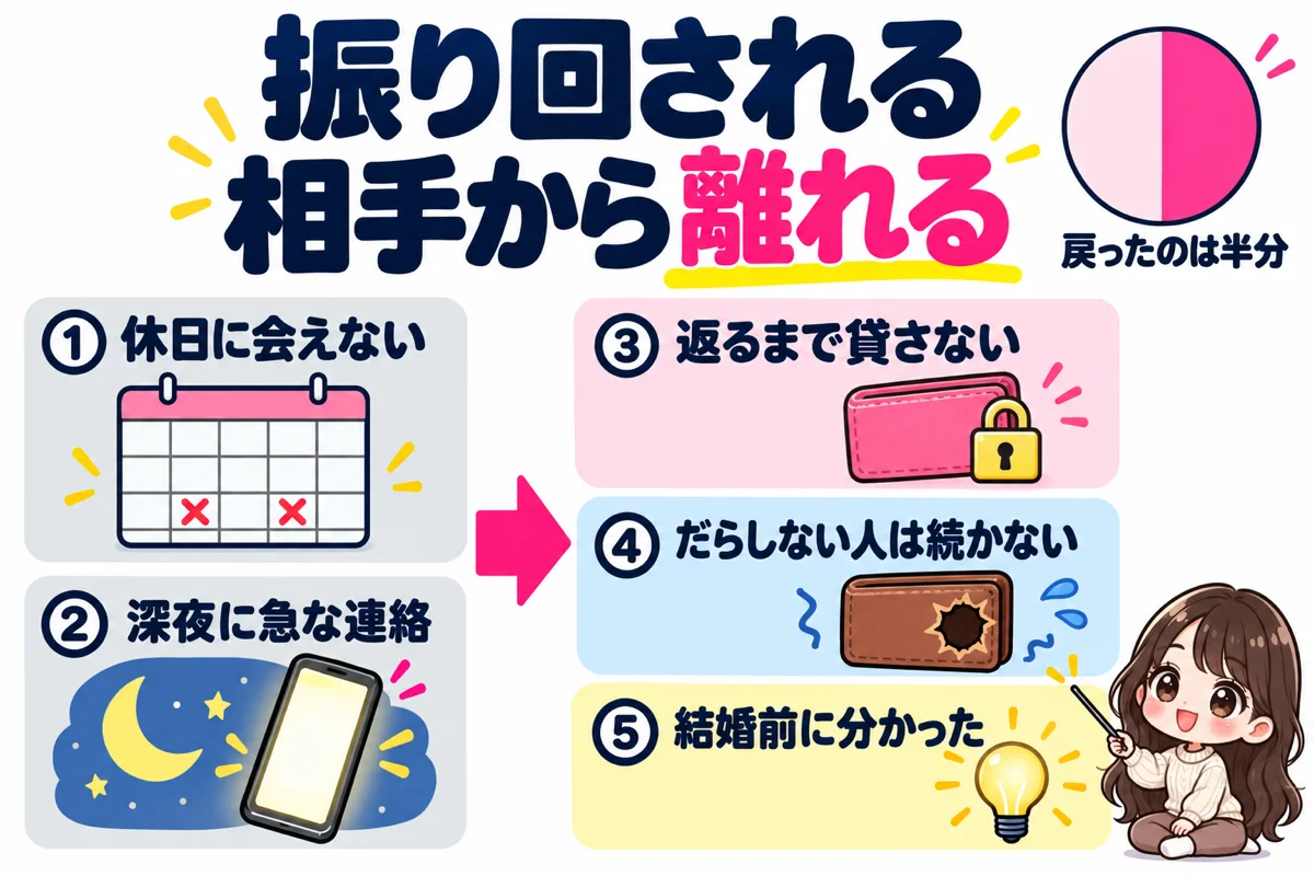 休日に会えず深夜に急に連絡してくる相手と、お金を借りに来る相手のサインを左に、返るまで貸さない・お金にだらしない人とは続かない・結婚前に分かってよかったという教訓を右に並べ、戻ったお金は半分だったことを円グラフで示した図
