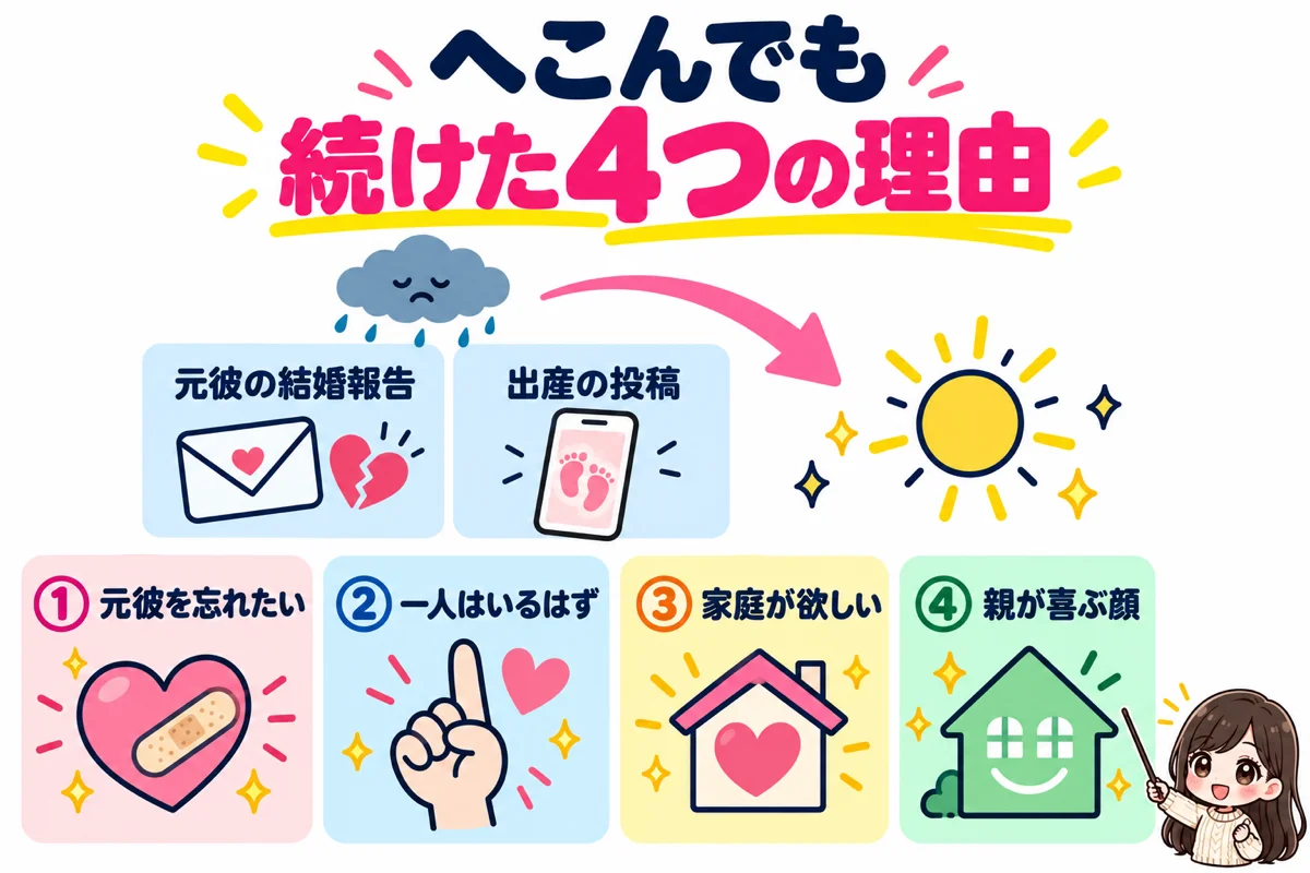元彼の結婚報告や出産の投稿にへこんだ日と、それでも婚活を続けた理由4つ(元彼を忘れたい、一人はいるはず、家庭が欲しい、親が喜ぶ顔)を示した図