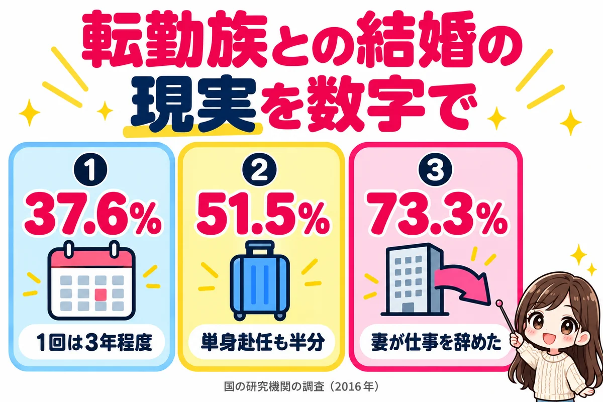 転勤族との結婚の現実として、1回の転勤は3年程度が37.6%、単身赴任が51.5%、家族で転勤した男性の妻の73.3%が仕事を辞めていたことを3枚のカードで示した図