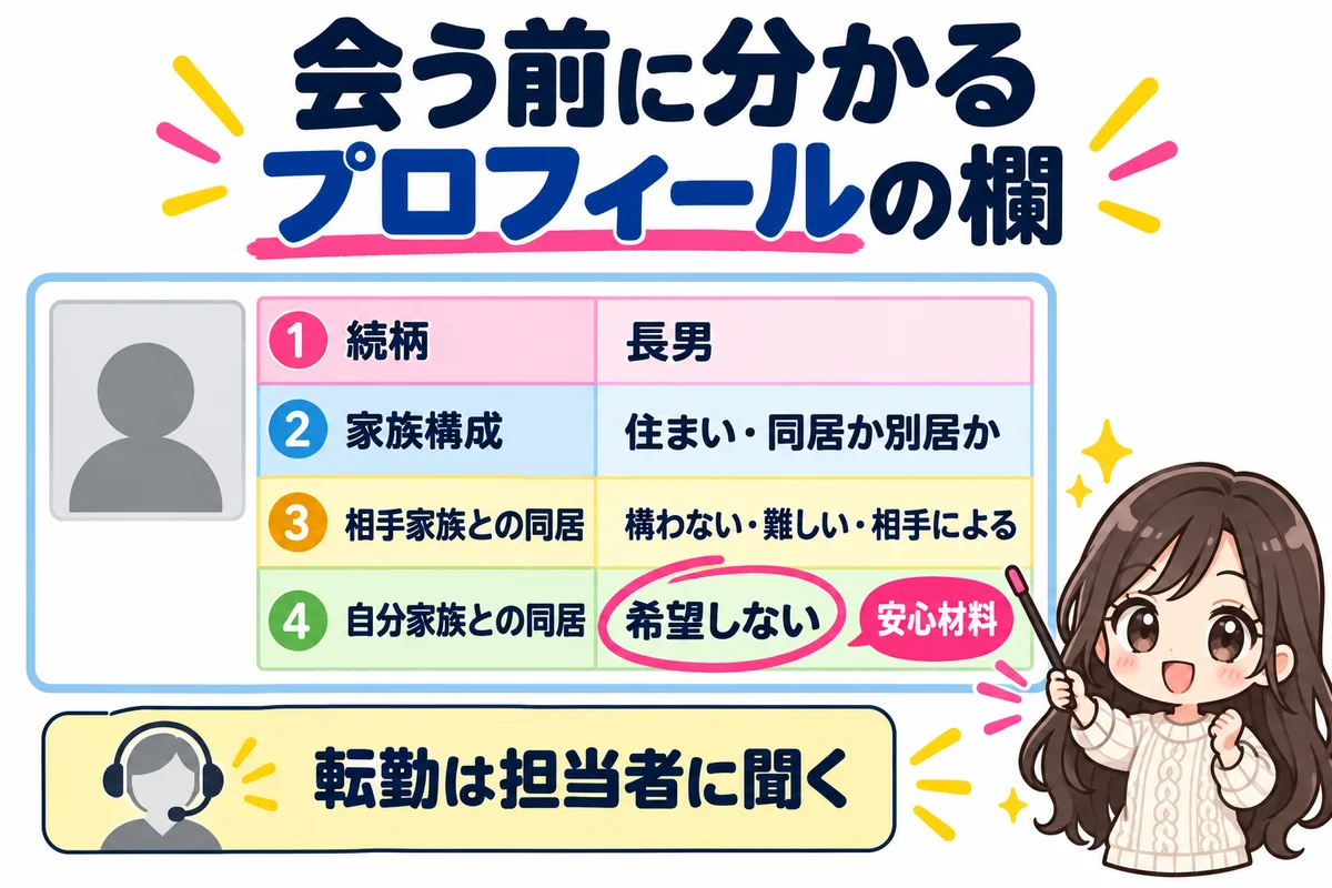 結婚相談所のプロフィールでは続柄・家族構成・相手家族との同居・自分家族との同居が会う前に分かり、転勤のことは担当者に聞くとよいことを示した図